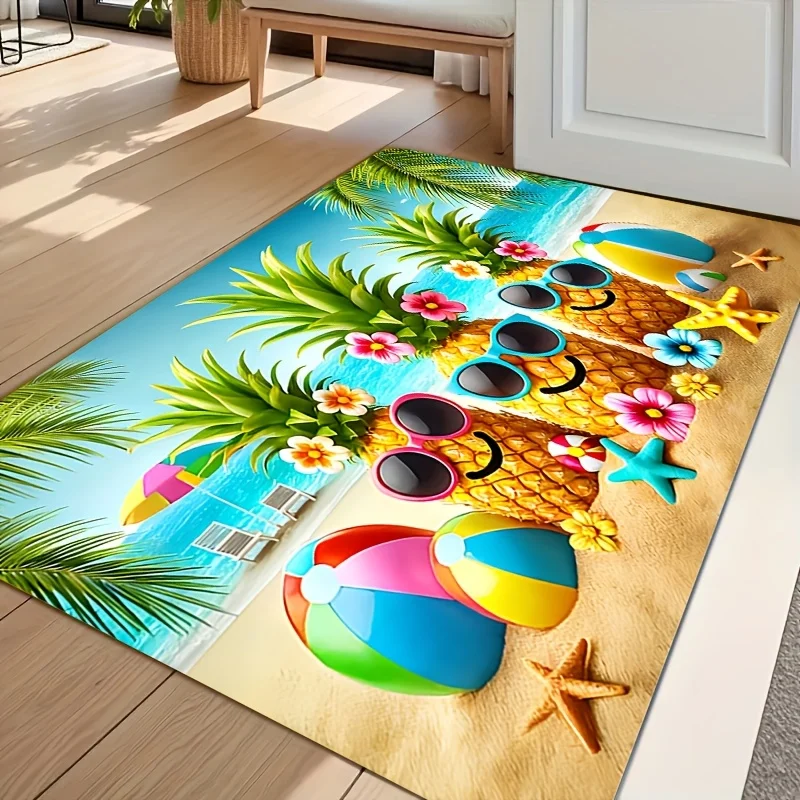 2D Colorful Tropical Pineapple Beach Pattern Doormat, Non-Slip Polyester Entrance Rug, Machine Washable, Soft and Comfortable,