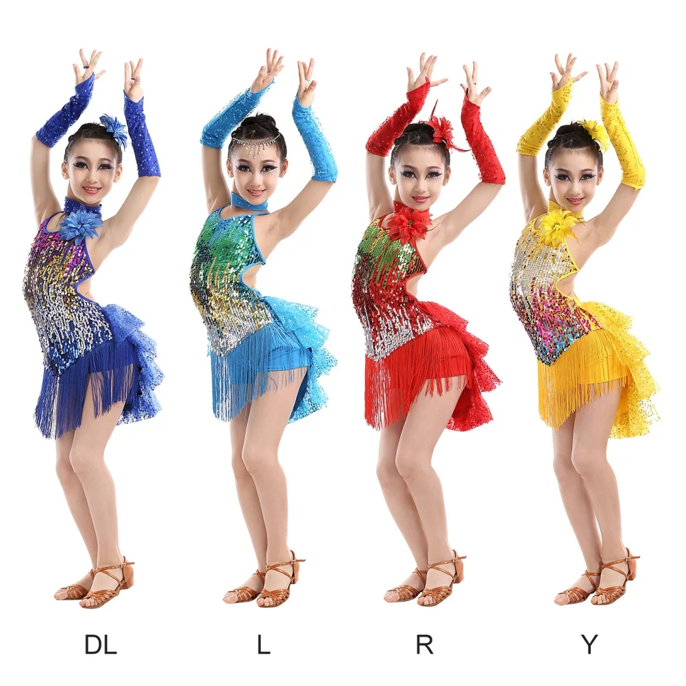 Kids Girls Latin Dance Dress Outfits Cha Cha Dress+Sleeve Cover+Necklace+2 Flowers Tango Skirt Dancewear Tassel Dancing Dress