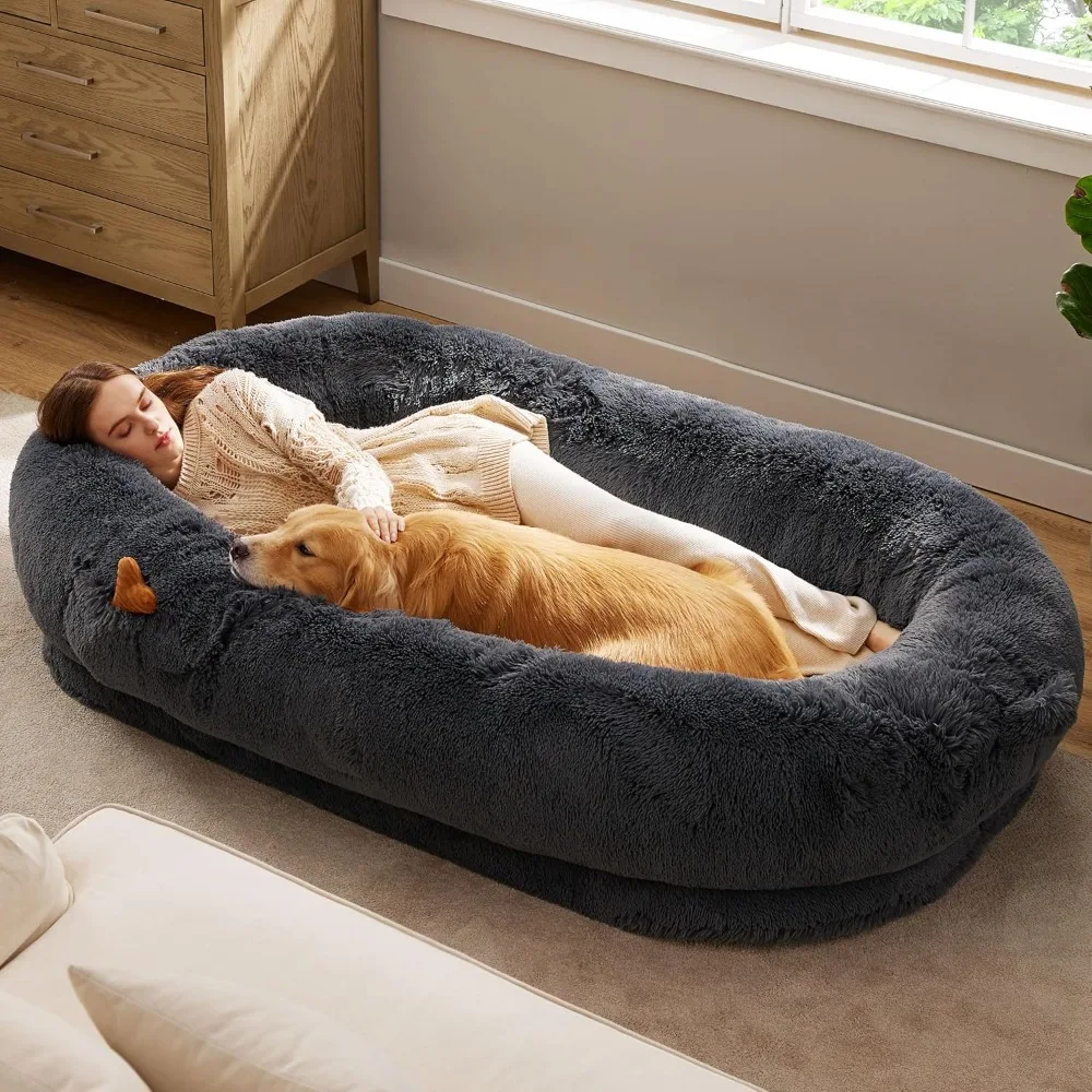 Calming Human Size Giant Dog Bed with Memory Foam Supportive Mat and Storage Pocket, Fluffy Faux Fur Orthopedic Dog BeanBed