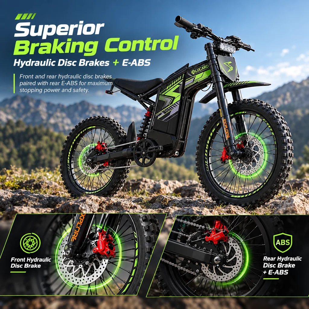 1500W High Torque Electric Dirt Bike ALUCARD 52V22.5Ah Ebike Full Front Rear Suspension 19*17 inch Tubeless Tire E-bike with LCD Display & E-ABS Brake