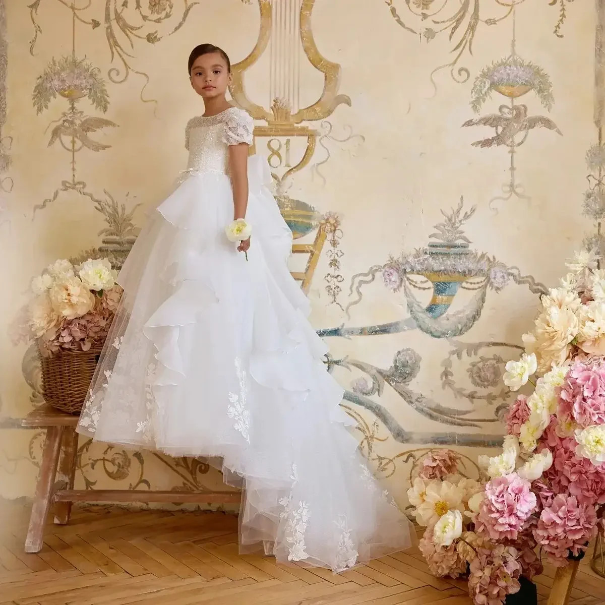 Custom JDY High Short Sleeve Lace Trailing Flower Girl Dress Wedding Party Gown Birthday Party Dress Kids Pageant Dress فساتين ا