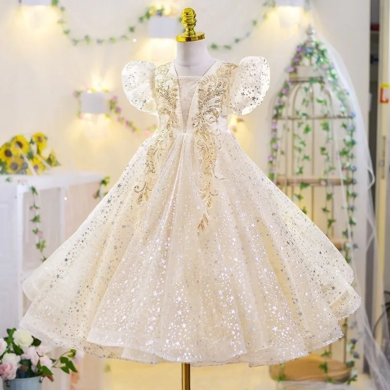 Girls Summer Dress Princess2025Flower Girl Dress Little Girl Stylish Children's Dress Performance Costume Dress Child Star