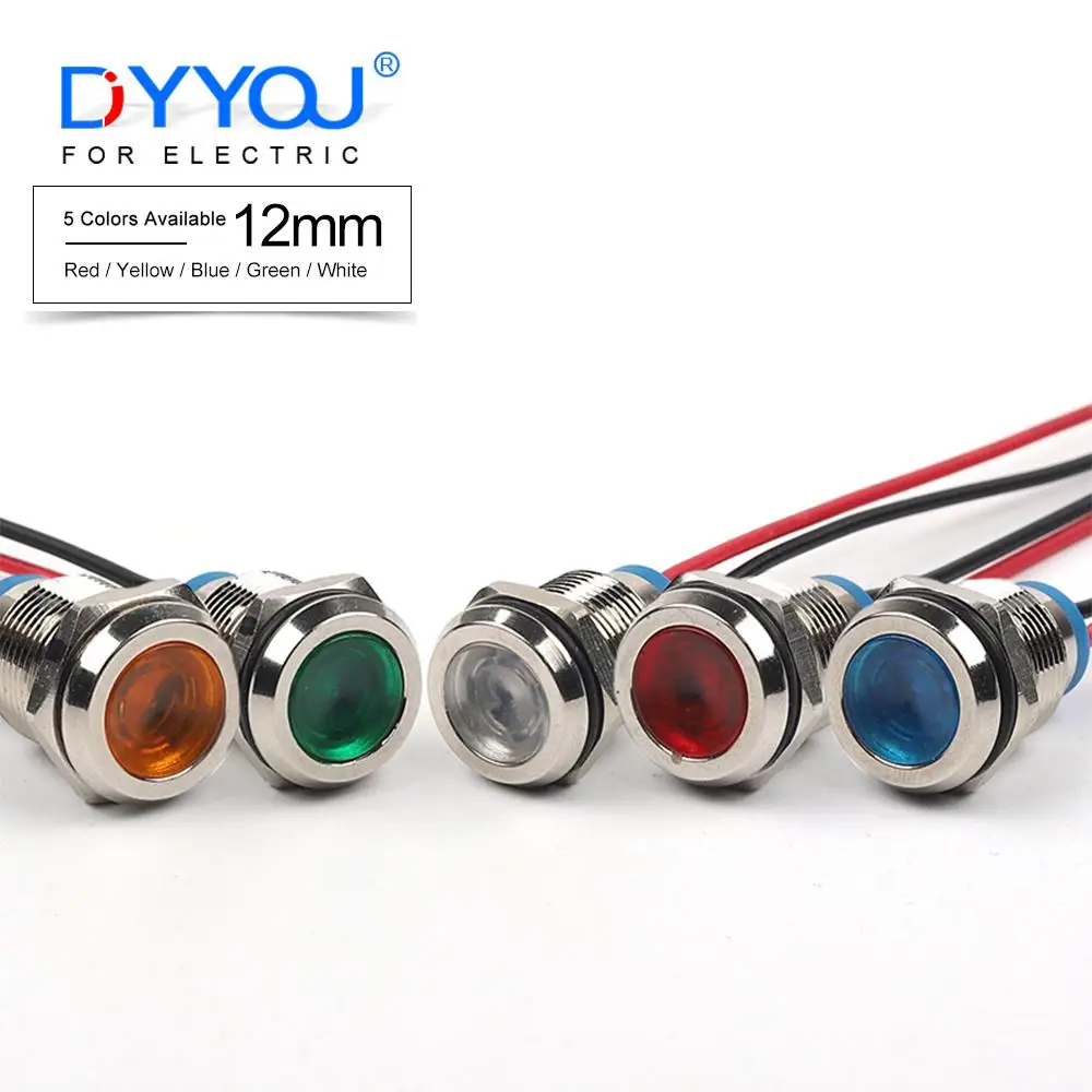 Luz indicadora de Metal impermeable, lámpara piloto con cables, 12mm, 3/6/12/24/110/220V, conectar rojo, amarillo, azul, verde, blanco