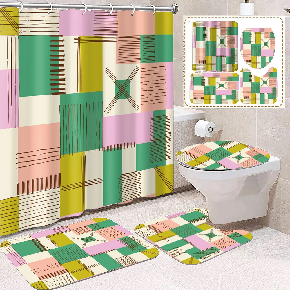 

1 set of colorful green powder graffiti grid printed shower curtains, modern minimalist style, with plastic hooks and bathroom