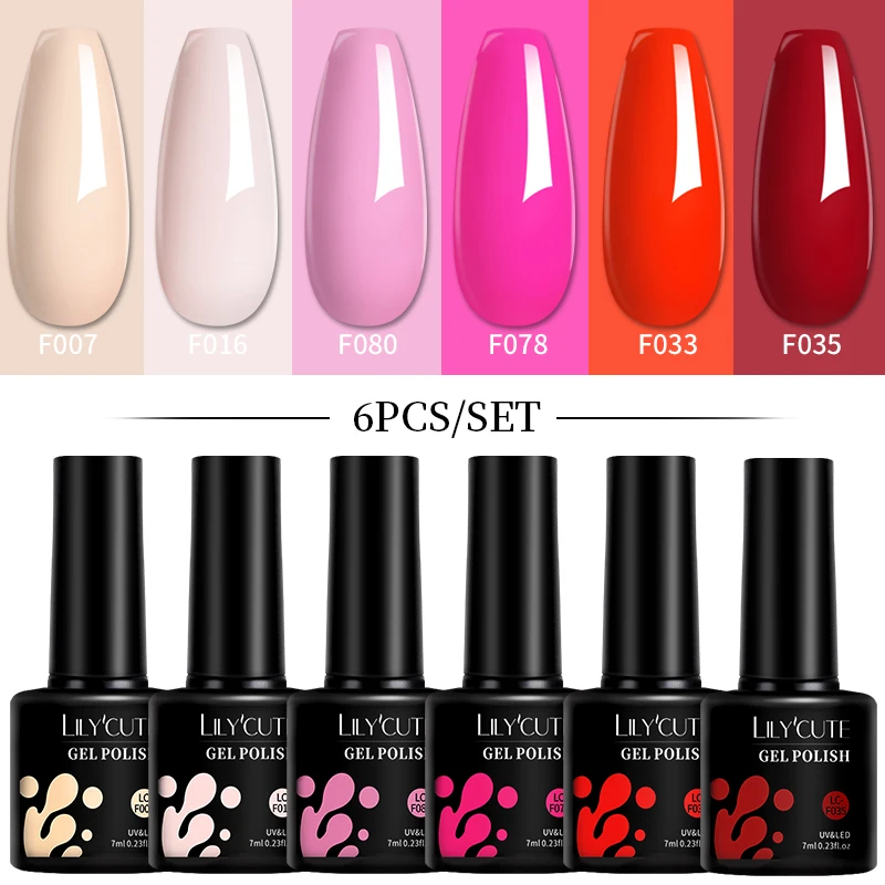 LILYCUTE 6-teiliges 7ML Gel DIY Nagellack-Set Leuchtend Rosa Nagel-Charms Abziehbarer UV-LED-Gel-Lack Nagelkunst-Design Zubehör
