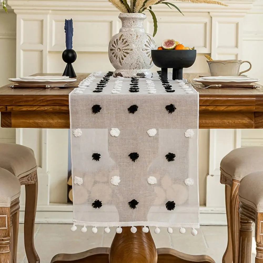 Nordic Style Lace Table Runner with 3D Pom-poms Gauze Dining Table Cloth Rectangular French-style Bookcase Cover Wedding