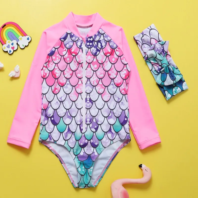 

Baby Girl Toddlers Swimsuit One-piece Bathing Suit Mermaid Scales 3D Print Bathing Suit Jumpsuit Long Sleeve Beachwear Swimwear