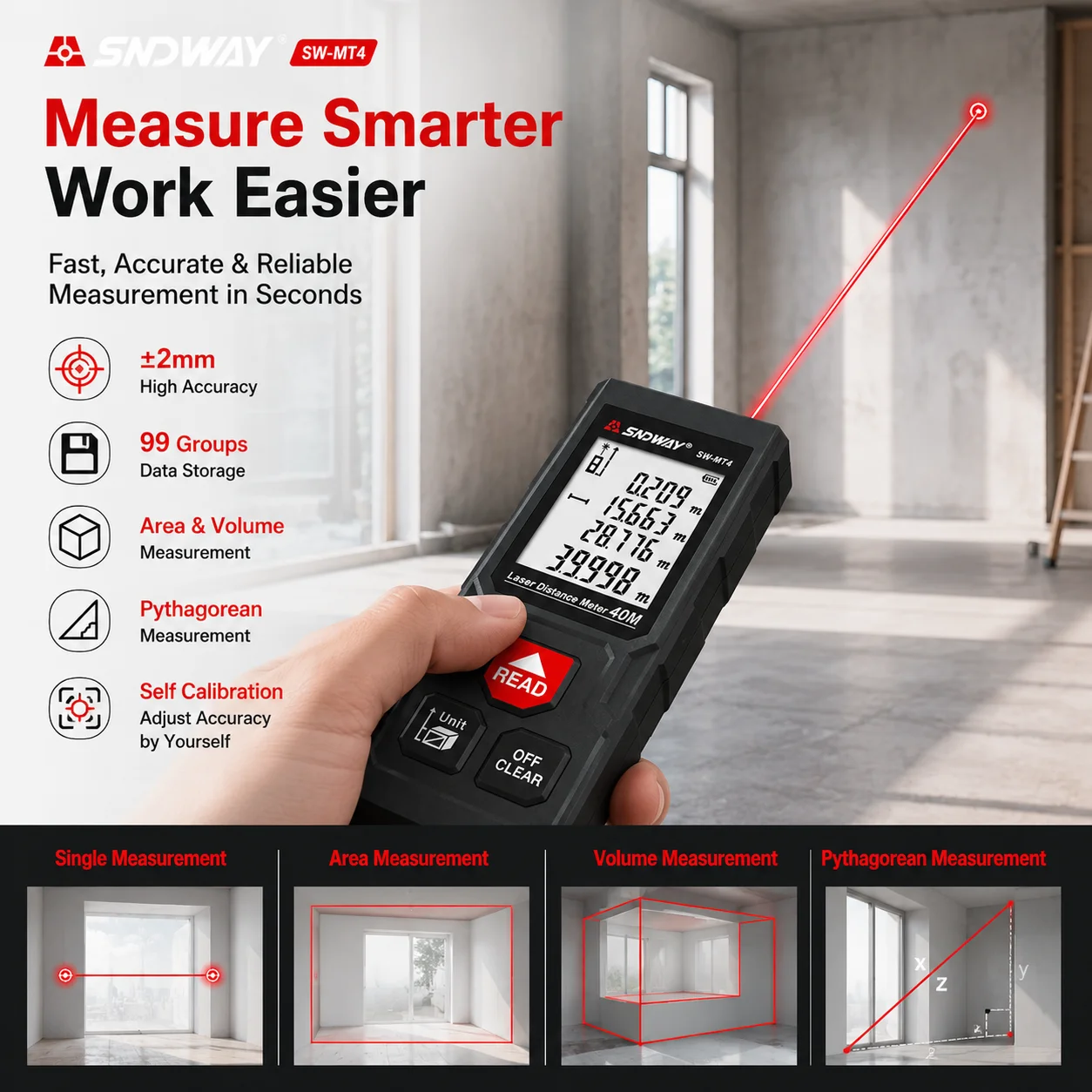 SNDWAY Laser Distance Meter Digital Rangefinder ±2mm Accuracy Area Volume Pythagorean Self Calibration 99 Data Storage