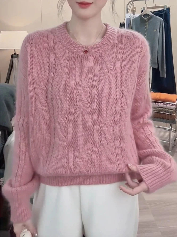 

Корейский свитер с круглым вырезом и узором «Лэйзи Твист», однотонный, осенне-зимний, новый, больших размеров, универсальный топ для женщин, модный