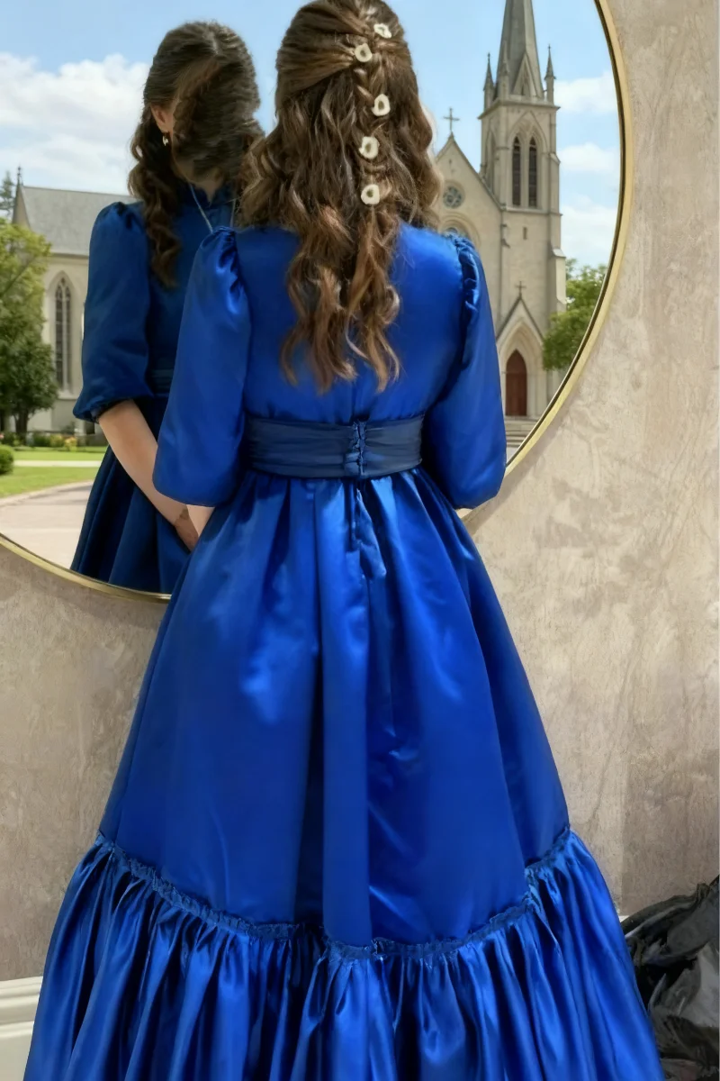 فستان فتاة أنيق مخصص على شكل حرف a فستان وصيفة العروس برقبة عالية مناسب لحفلات الزفاف المراهقين مطوي من الساتان فستان رسمي