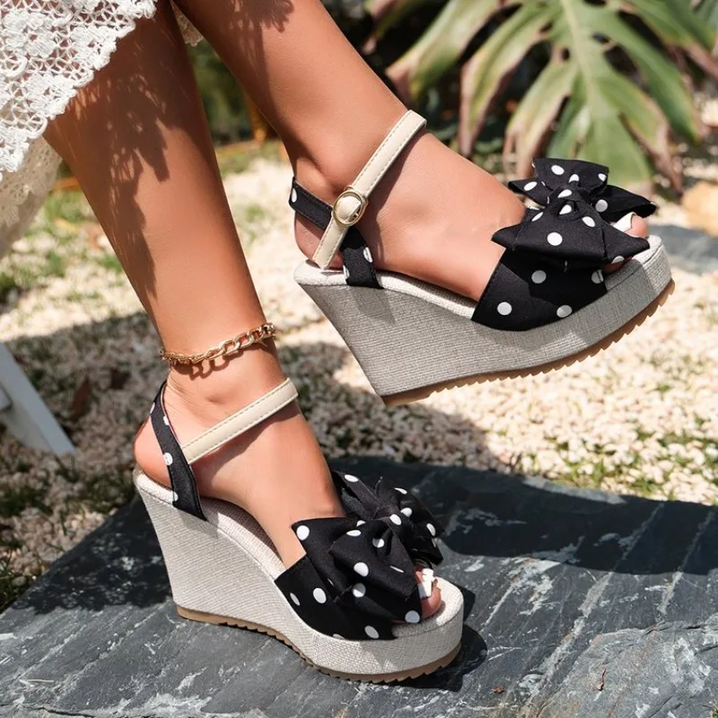 Women's High Heel Platform Wedges Sandals Featuring Open Toe Design and Buckle Strap Bow Accent for Casual Summer Daily Walking