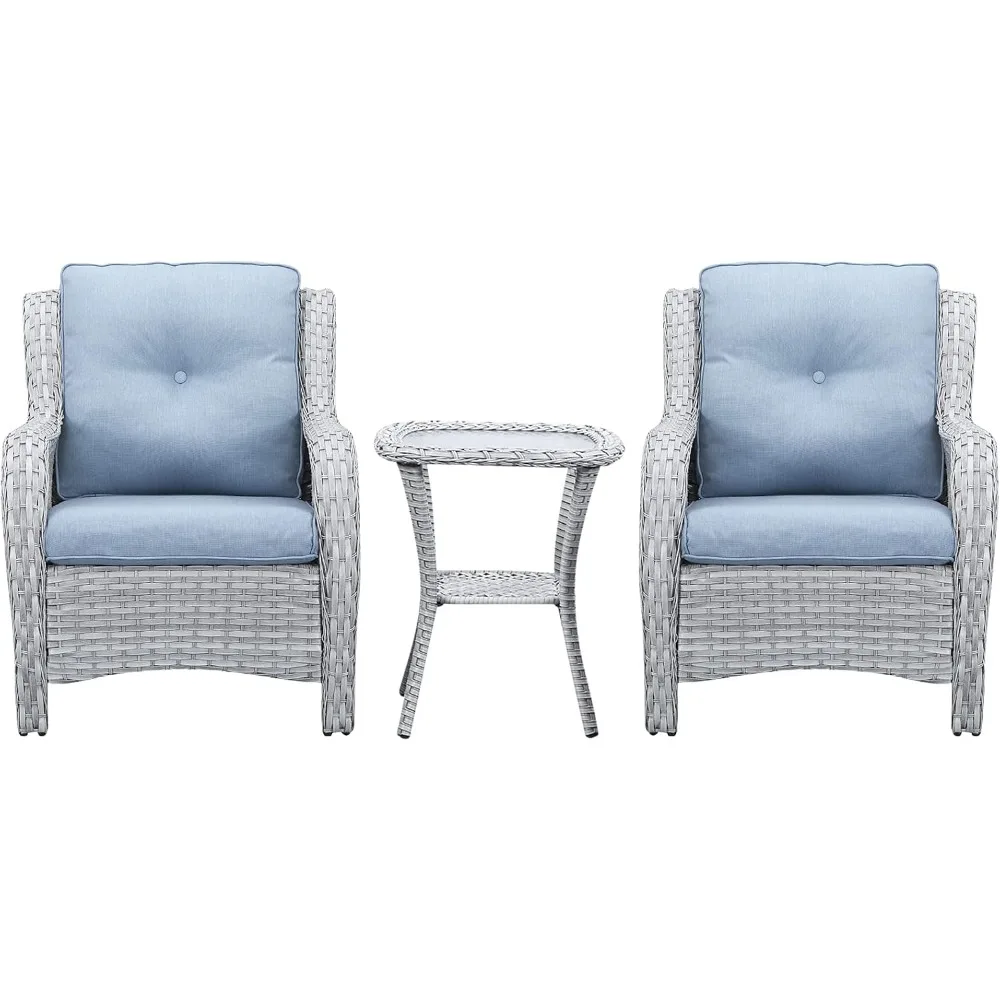 Set Wicker Chairs - 3 Piece Outdoor Rattan Conversation Set with 2 Armrest Chair and 1 Side Table for Proch Deck