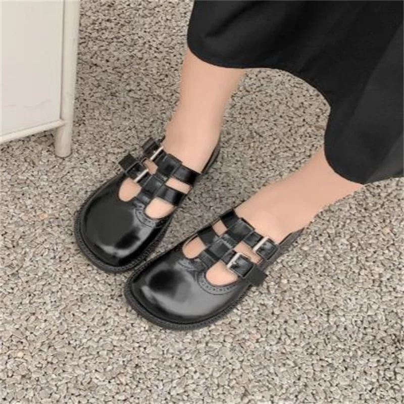 

Belts Buckle Shoes for Women Round Toes Ladies Low Heels Sewing Lines Female Loafers Shallow Zapatos Mujer Front Strap Chassure