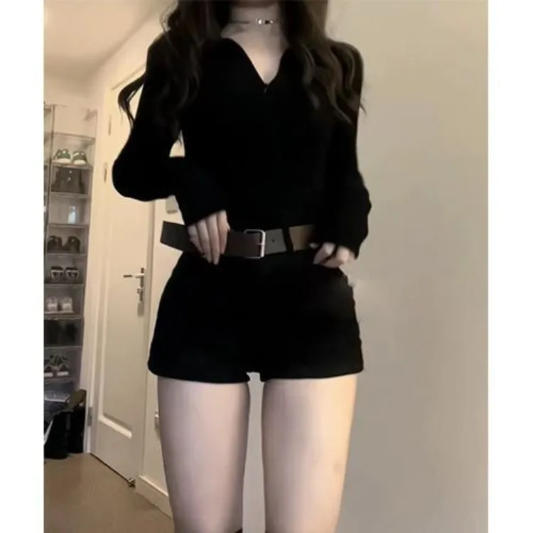 Korean Simple V-neck Long Sleeve Slim Fit Black Tops Women+ Y2k Grunge High Waist Split Shorts 2024 Summer New Two Piece Sets