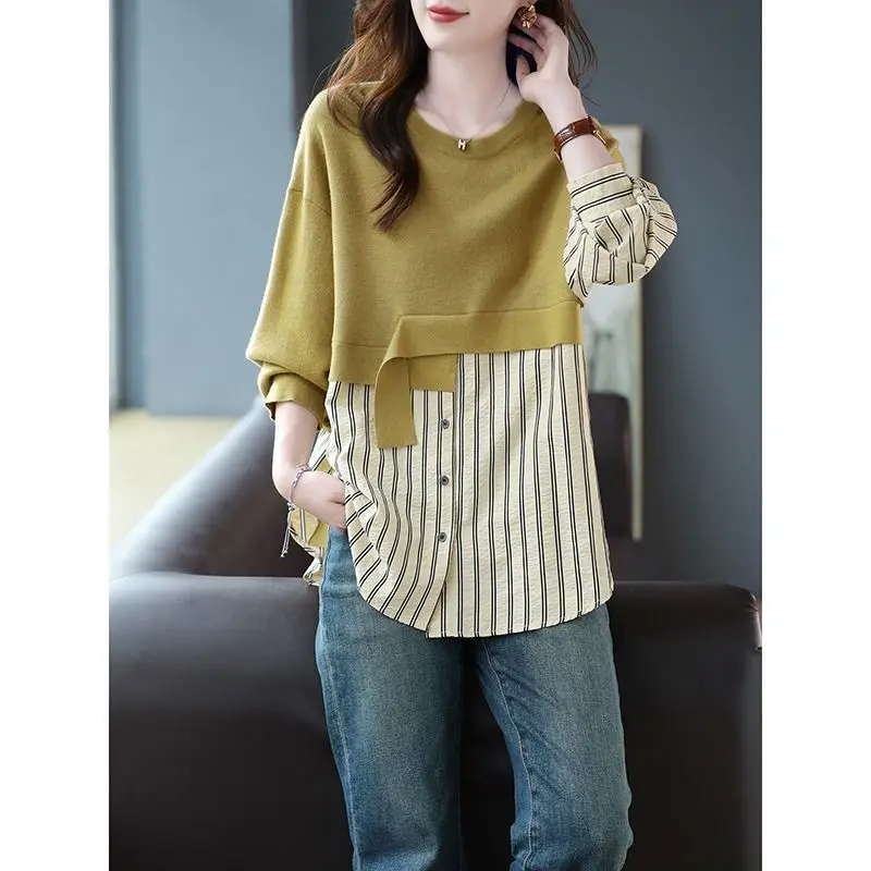 Fashion O-Neck Spliced Striped Fake Two Piece Blouse Women's Clothing 2023 Autumn Winter New Oversized Korean Tops Casual Shirt