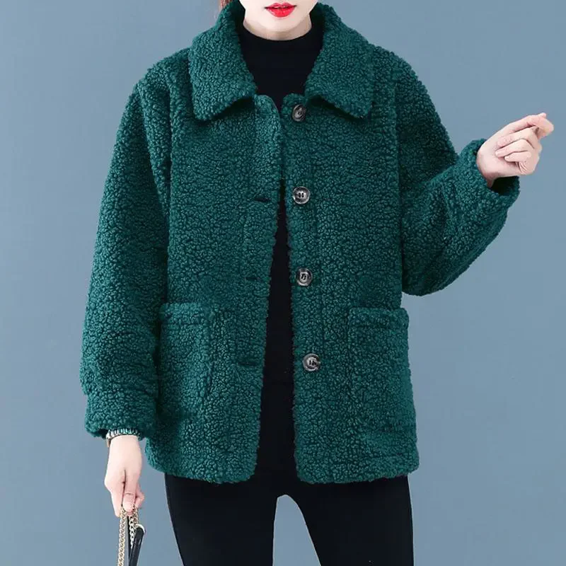 Moda Faux Fur Cashmere Temperament Button Winter Women's Short Solid Color Loose Slim Lapel Pocket Casual Coat Women's