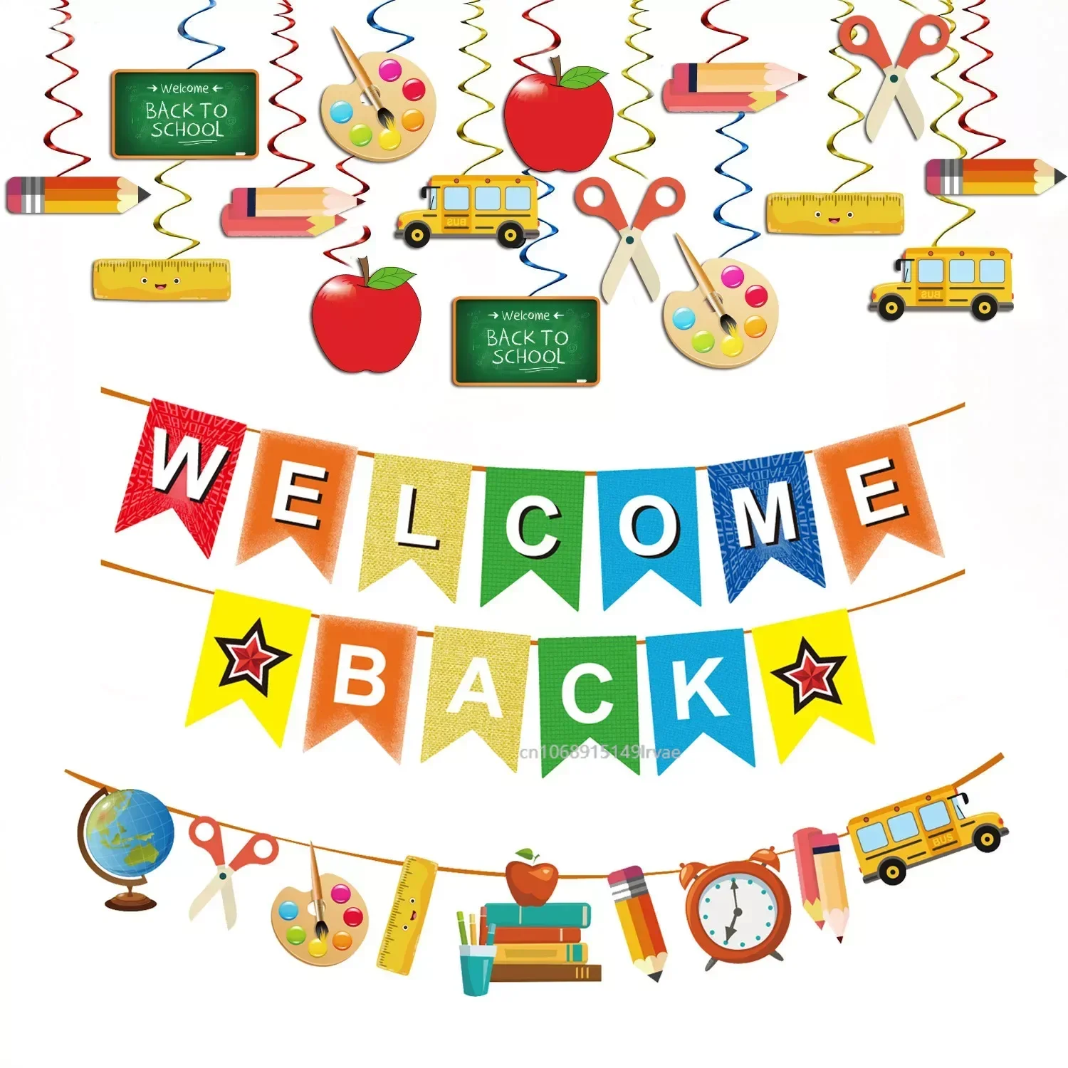 Cartoon Back To School Theme Party Welcome Back Banner Backdrop First Day of School Blackboard Classroom Decorations