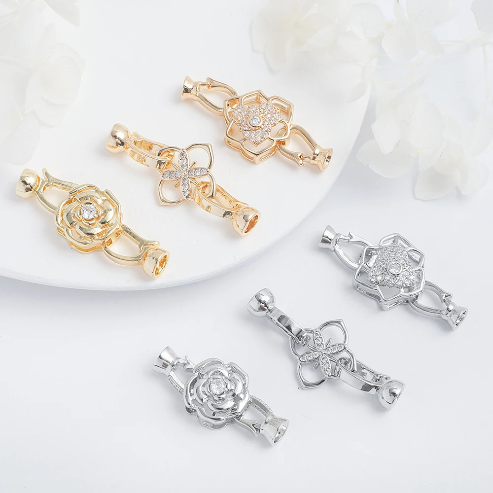 Brass Flower Shaped Fold Over Clasps Micro Pave Cubic Zirconia Extender Clasp Connector For Diy Necklace Bracelet Jewelry Making