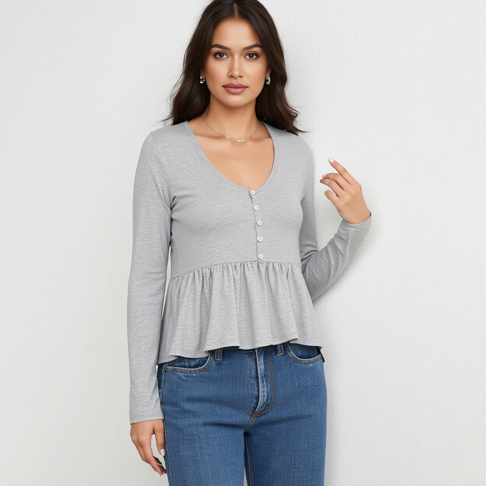 

Mia Muse Boutique Women's T-Shirts Autumn Winter Youthful Dating Plain Button Flounce Long Sleeve Crew Neck Casual T-Shirts