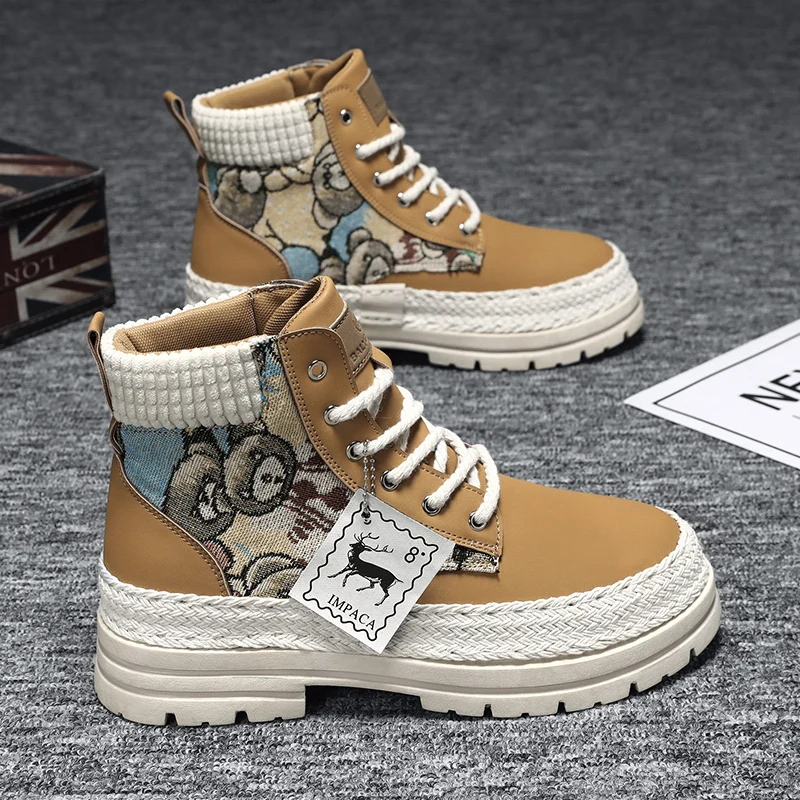 High-Top Boots, Thick-Soled Straw Work Boots, Trendy Casual Boots with Knitted Sock Cuffs, Versatile Height-Increasing Boots in British Style for Outdoor Commuting