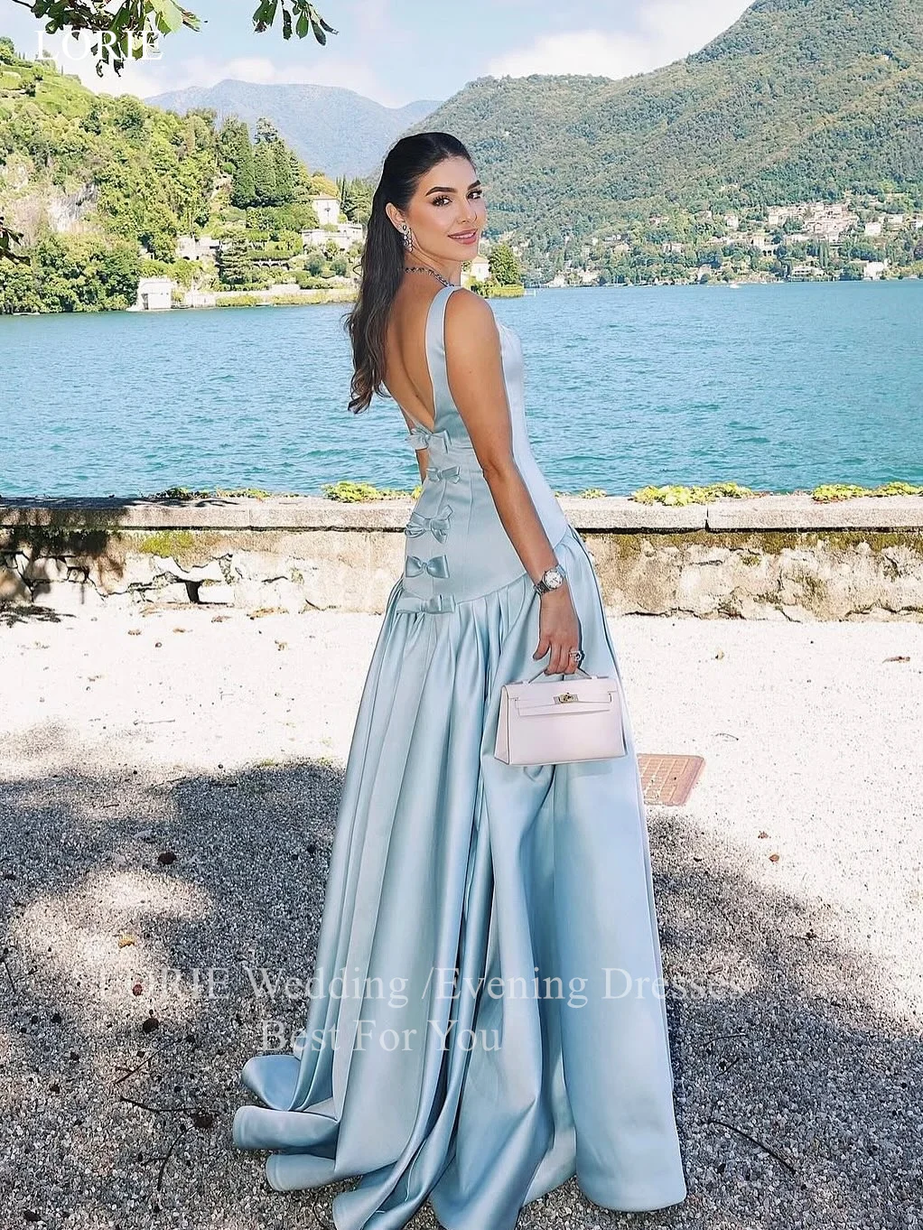 LORIE Elegantes blaues Satin-Partykleid, Spaghettiträger, Schleife, rückenfrei, Abendkleid, drapiert, A-Linie, Abendkleid, individuell gestaltet