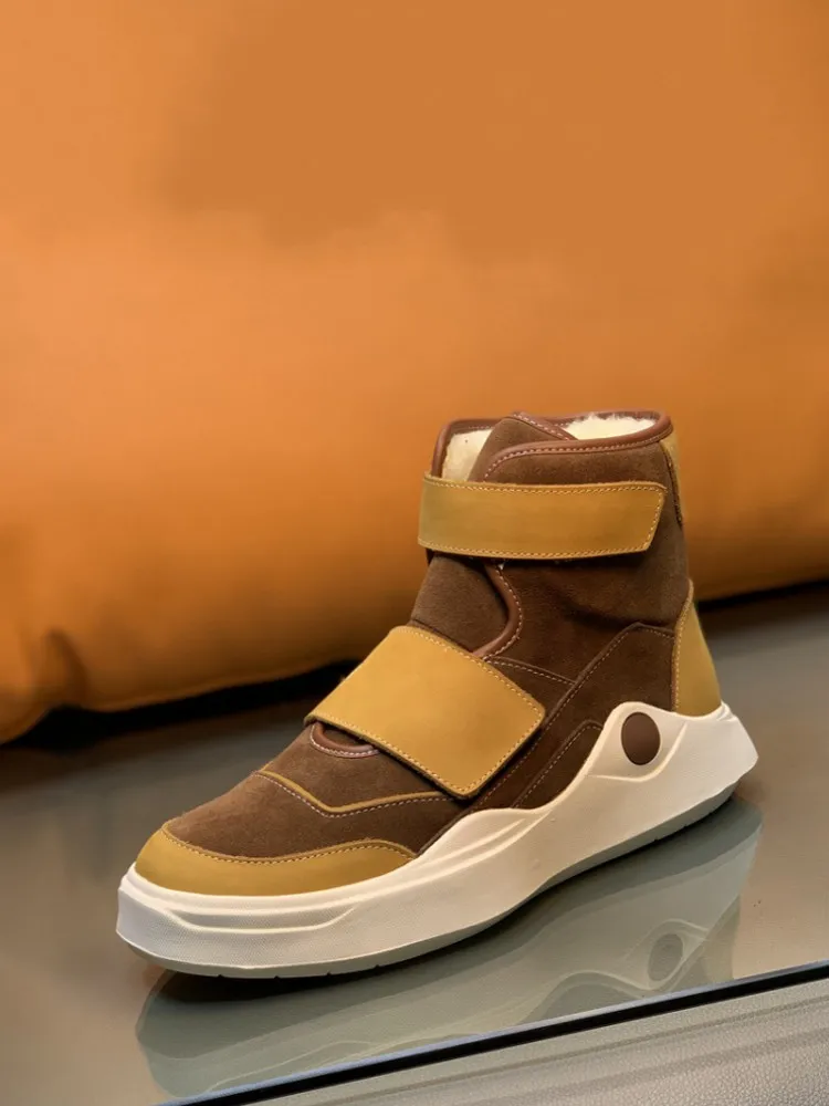 Men Comfortable Winter Fashion Hook Loop Suede Patchwork Genuine Leather Fleece Liner Warm Round Toe Non Slip Male Ankle Boots