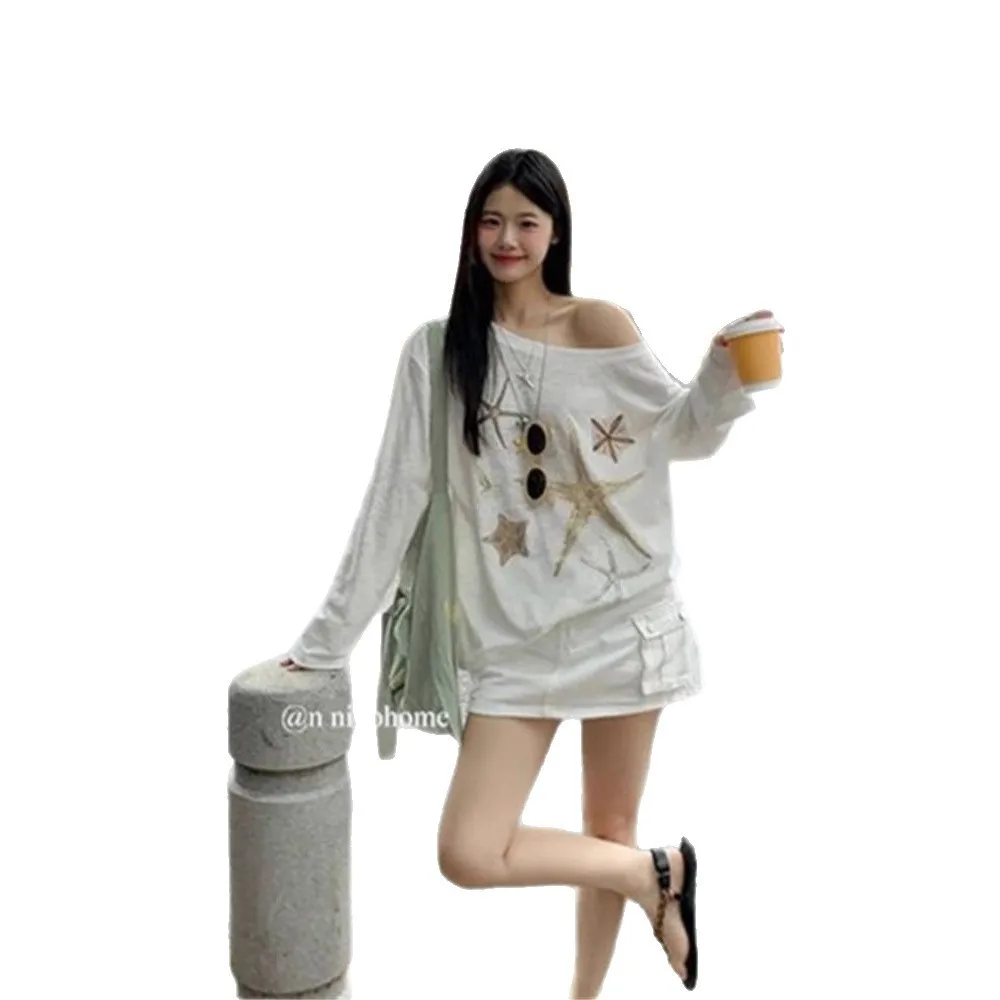 Women's Loose Fit Round Neck Printed Oversized Cotton Blend T Shirt Off-Shoulder Cartoon Print Sun Protection Sheer Pullover