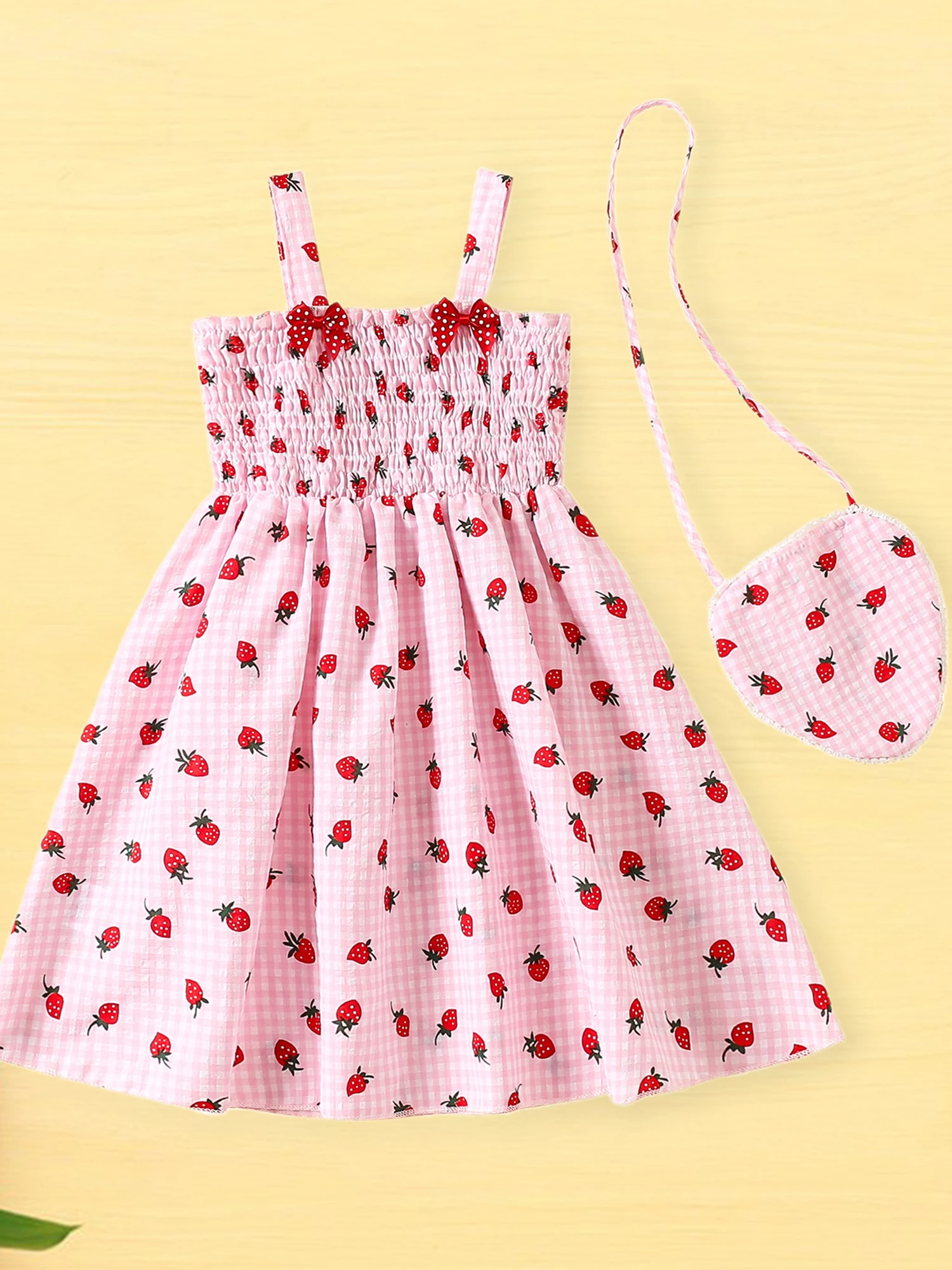 

Girls Sleeveless Plaid Dress with Strawberry Print and Matching Bag - Cute Toddler Princess Summer Outfit for Fashionable Kids