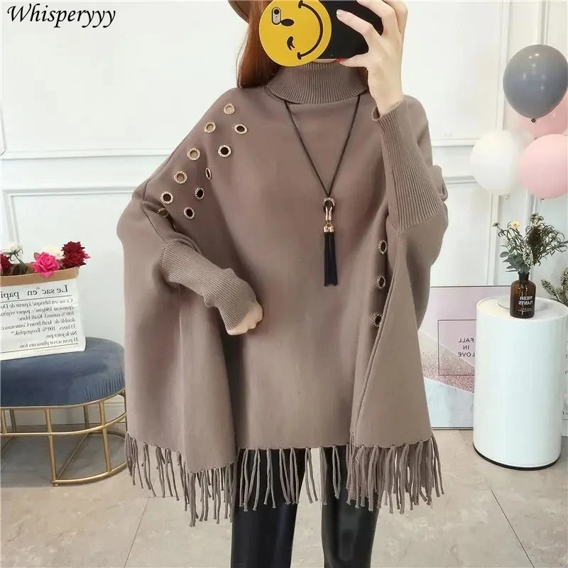 

Women Sweater Cape Bat Sleeve Loose Knitwear Autumn Winter Fashion New Turtleneck Tassel Knitted Tops Solid Patchwork Pullover