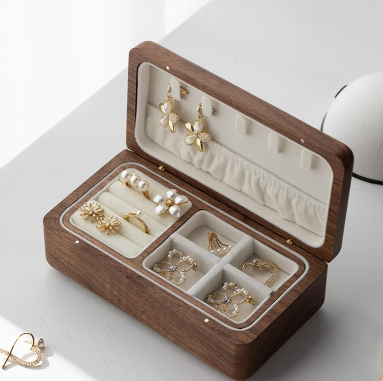 Walnut Desktop Jewelry Storage Box, Double-layer Solid Wood Dressing Table Shelf