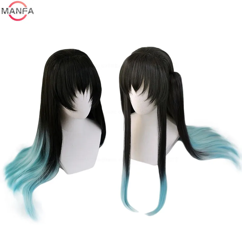 Peluca de Cosplay Tokitou Muichirou de alta calidad, tinte teñido, gradiente cian negro, pelo sintético resistente al calor, pelucas de juego de rol de Anime
