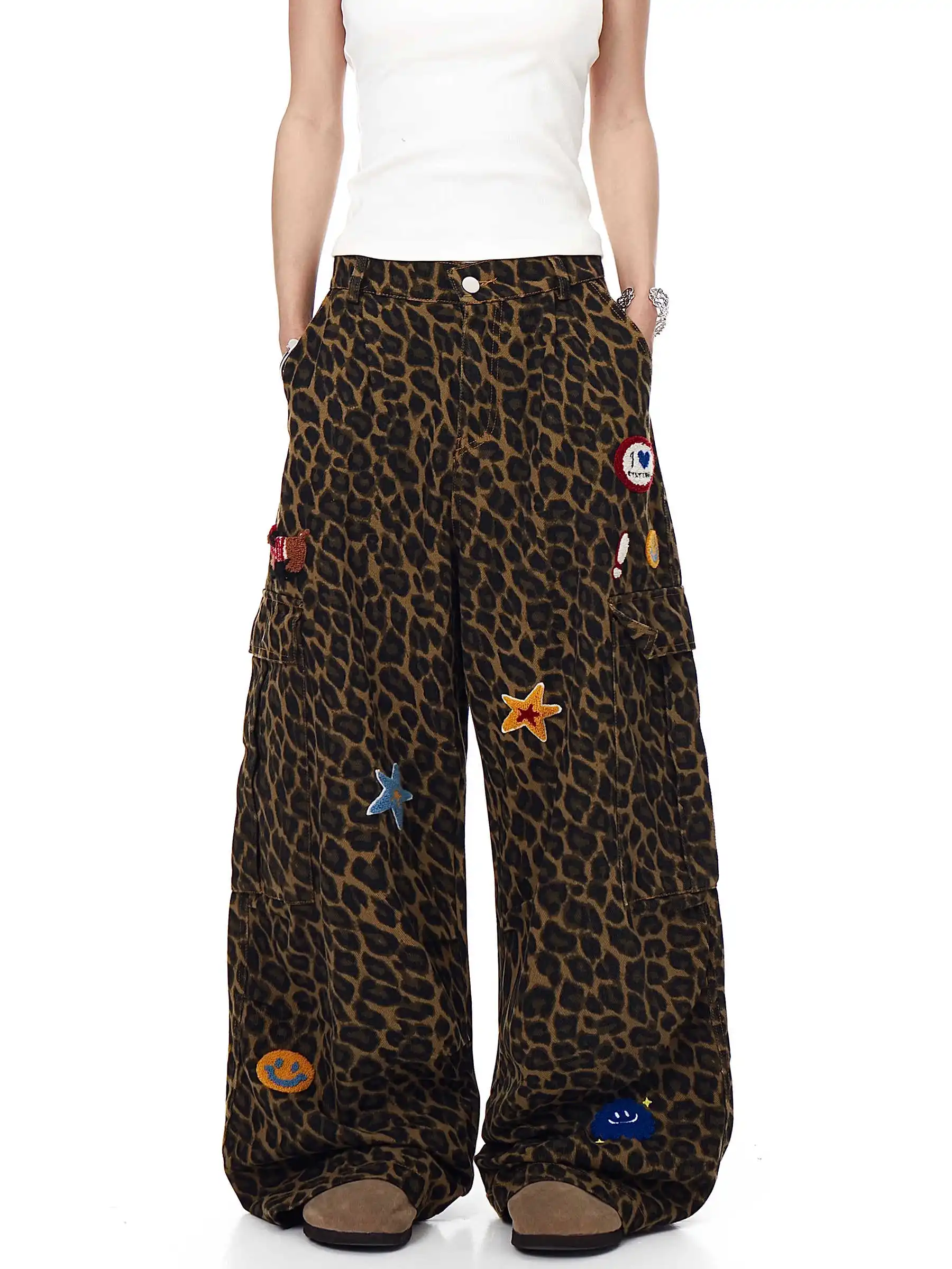 

Женские коричневые мешковатые джинсы Y2k со звездами и леопардовым принтом, японский стиль 2000-х годов, эмо-джинсовые брюки, винтажные джинсовые брюки в стиле Харадзюку, осень