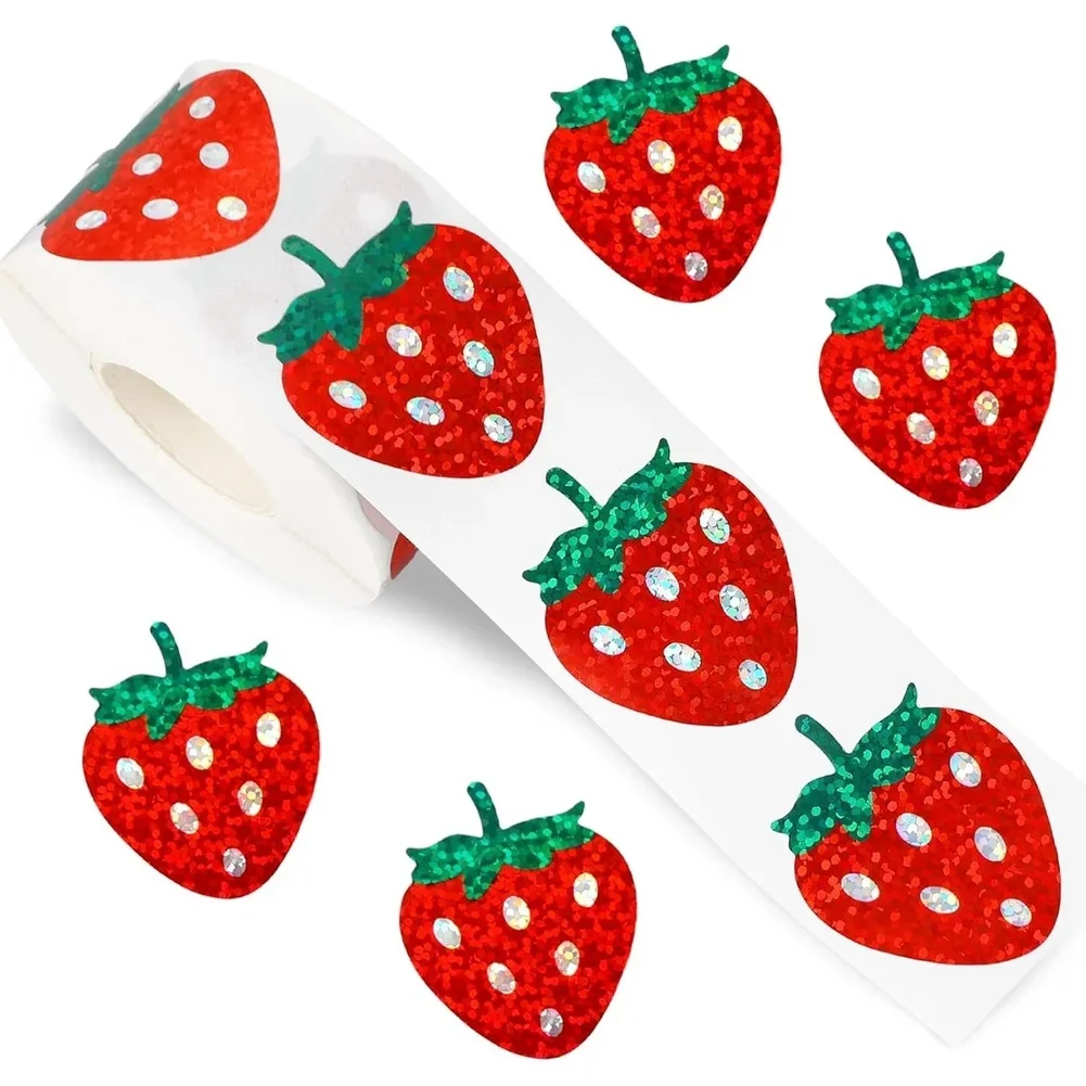 Bulk Pack Of 500 Strawberry Shaped Holographic Stickers With Strong Adhesion Suitable For Decorating And Labeling