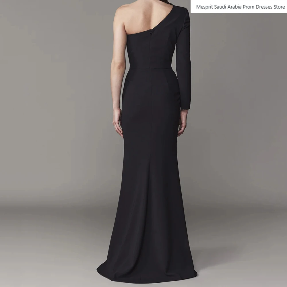Vestidos de Noche de sirena negra para mujer, vestido de fiesta de manga larga con un solo hombro, largo hasta el suelo, vestidos personalizados drapeados con lazo blanco a la moda