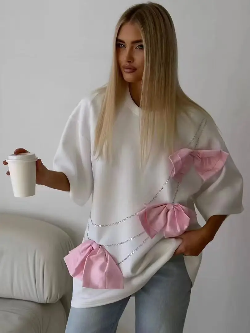 3D Bowknot Fashion Cotton T-shirt Hot Drill Chain Streetwear Top Oversized O Neck Casual Tee Loose Shirt for Women Summer 2027