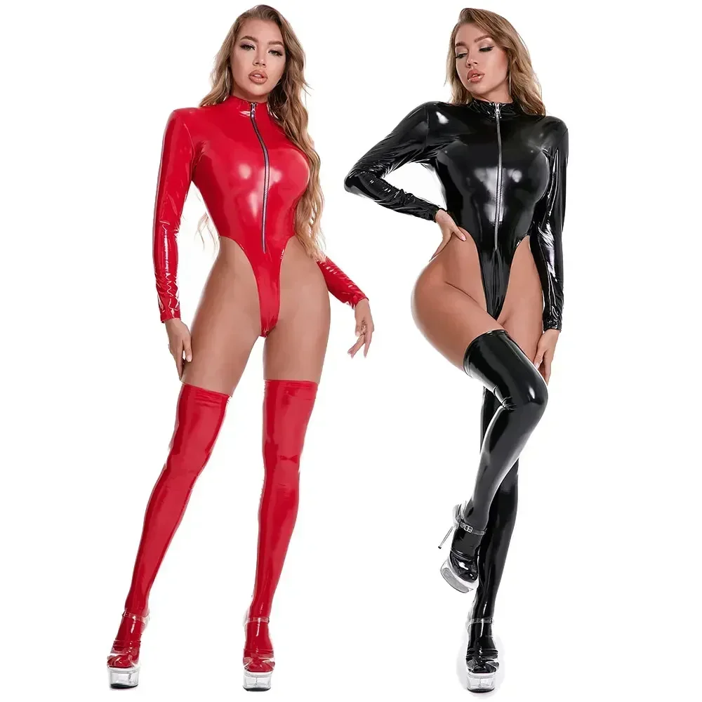 Frauen sexy PVC Latex Wetlook Fetisch Bodysuit Erotik Pu Leder Bodysuit Damen Shaping Latex Bodysuit Open Crotch Catsuit