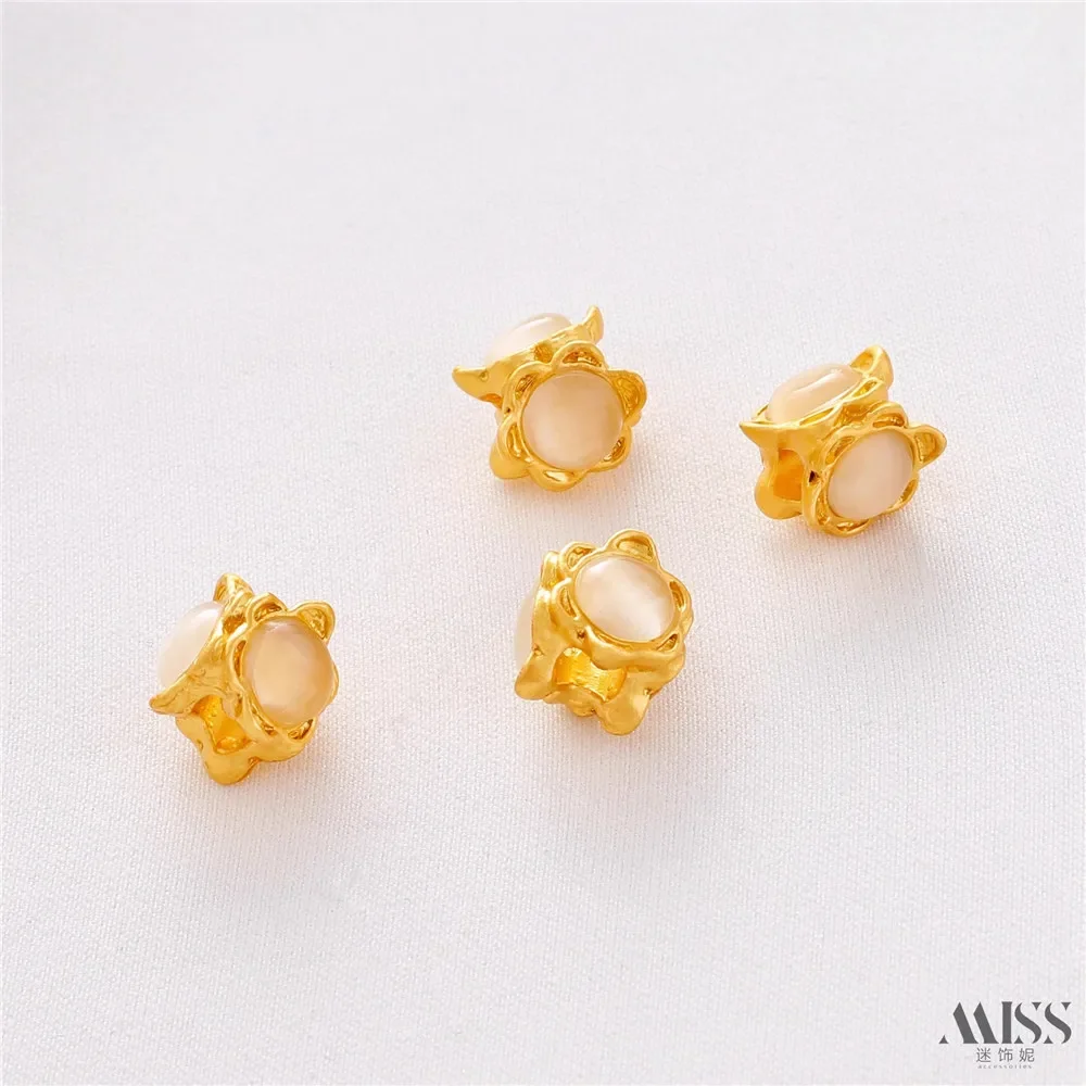 18K Matte Gold Color Inlaid Cat's Eye Jade Large Hole Bead Spacer Loose Bead DIY Bracelet Bucket Bead Jewelry Accessories