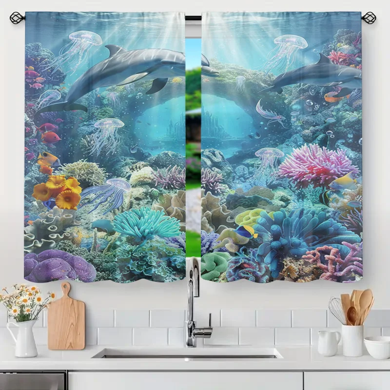 Tropical Ocean Reef Dolphin Window Curtains Semi Sheer Underwater Scenery Shower Curtain Bathroom Kitchen Home Decor Drapes