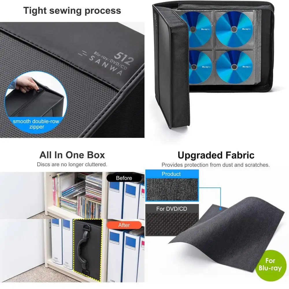

Portable CD/Blu-ray Case Holder with Zipper, EVA Sleeve, and Handle for Media Disc Storage - Black