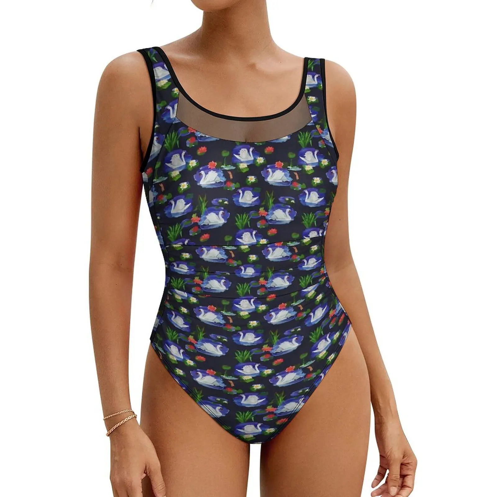 

Vintage Water Lily Swimsuit Sexy Watercolor Floral Women Swimwear One Piece Fashion Bodysuit Holiday Push Up High Cut Beach Wear