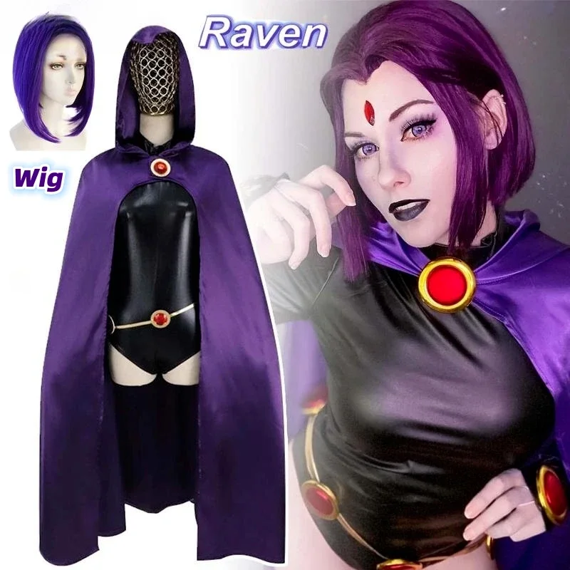 Disfraz de Cosplay de Teen Titans Raven, mono de lujo, capa, cinturón, uniforme de Halloween para mujer, XS-3XL