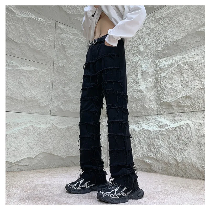 American High Street Vibe Trendy Black Jeans Men's Street Hip-hop Tassel Dance Pants Fashion Straight Slim Denim Trousers