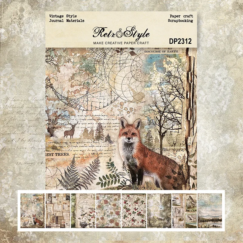 Chzimade 8pcs A5 Vintage Fox Art Decal Botany DIY Photo Album Clip Book Account Material Artwork Card Making Background Paper