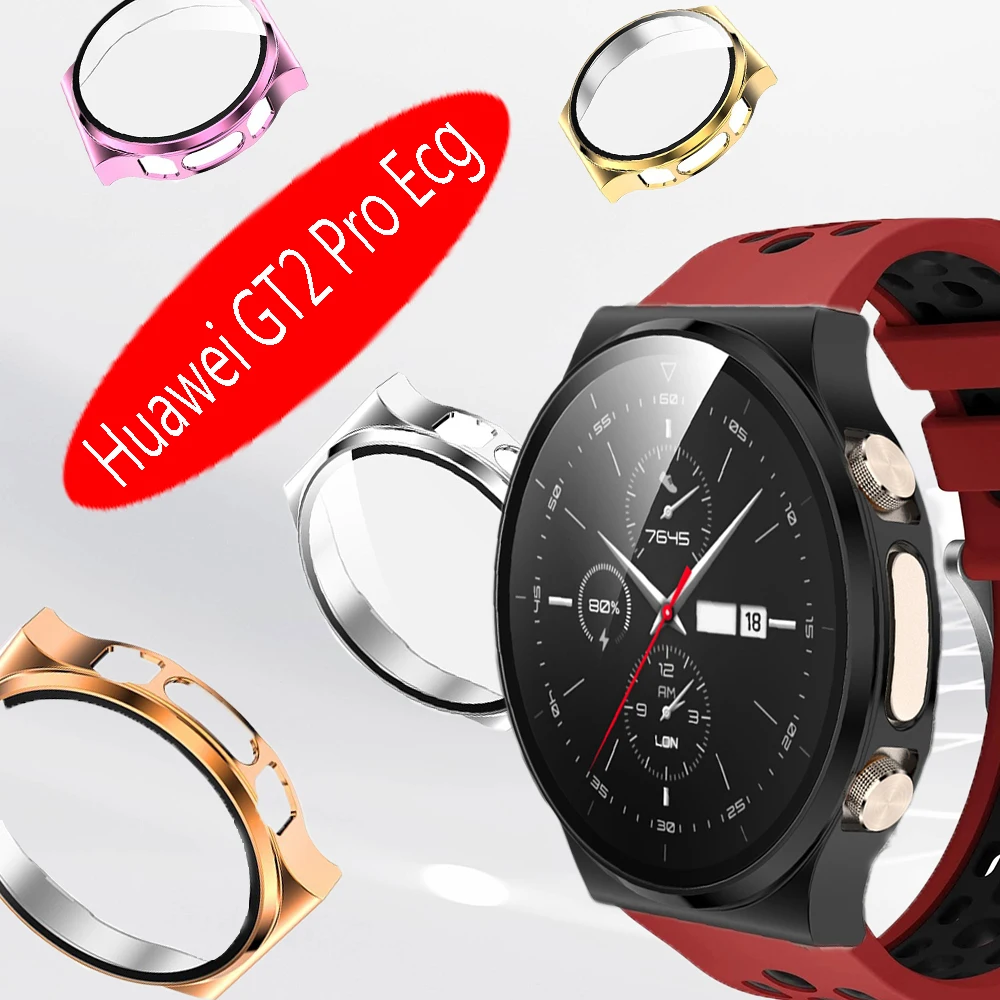 Screen Protector Case for HUAWEI Watch GT2 Pro ECG, Electroplated Bumper Bulit-in Tempered Glass Film for Huawei