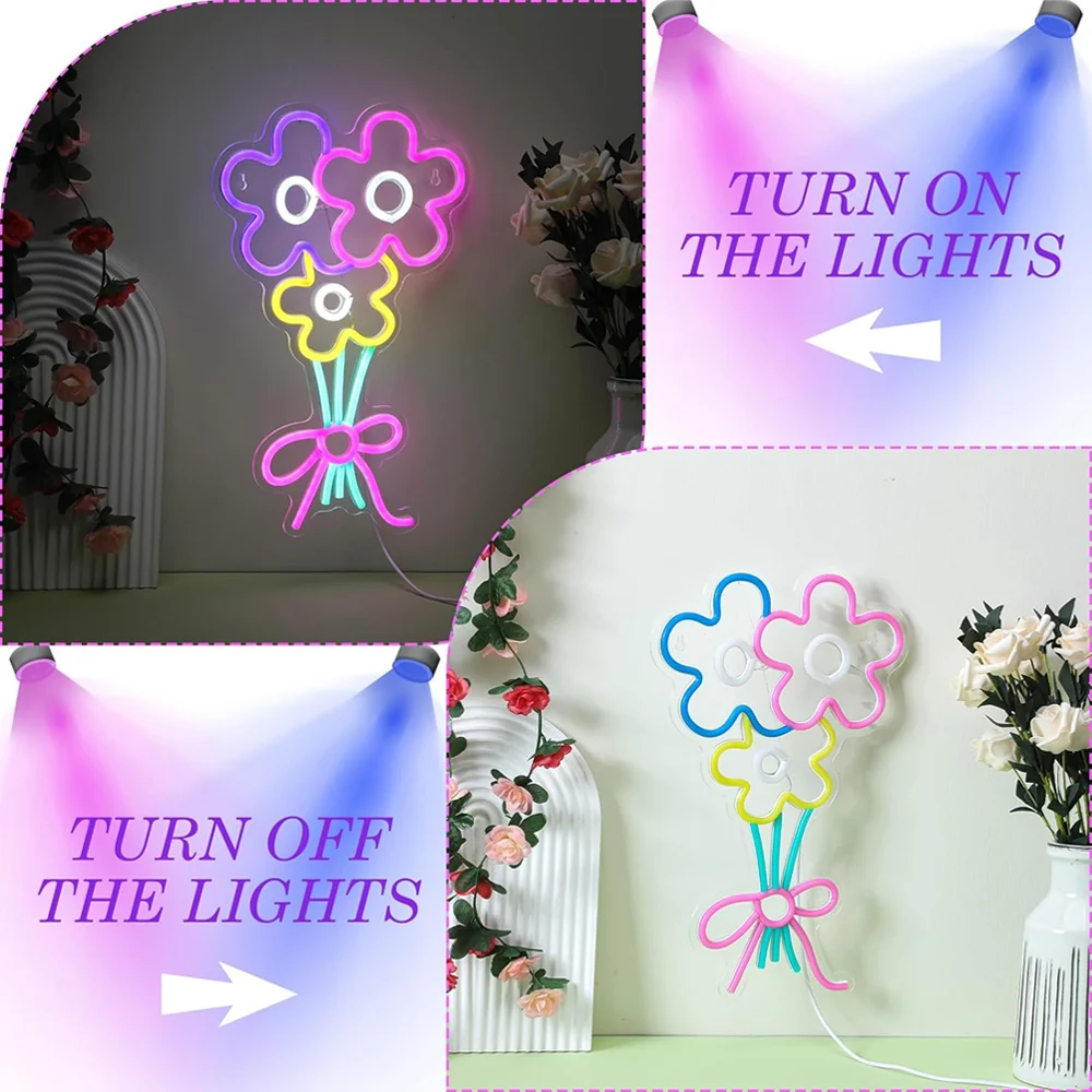 Flower Neon LED Sign Flower Neon Light Cute Flower USB Powered Neon Light Colorful Aesthetic 3D Wall Art Signs for Home Bedroom