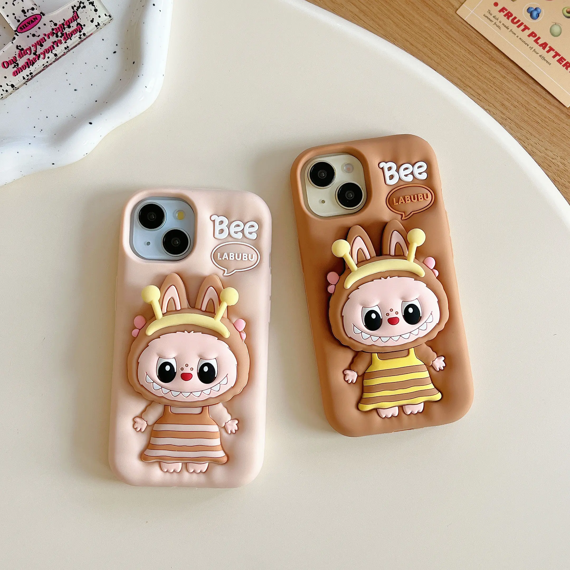 3D Cute Cartoon Folding Bracket Stand Phone Case for iPhone 16 15 14 13 12 Pro Max Kawaii Bee LaBuBu Monster Soft Silicone Cover