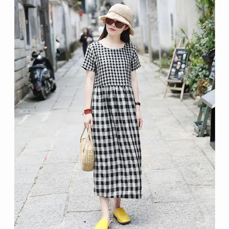 

2024 Summer Women Fashion Long O-neck Plaid Dress Female Short Sleeve A-line Dresses Ladies Cotton Linen Patchwork Vestidos V59