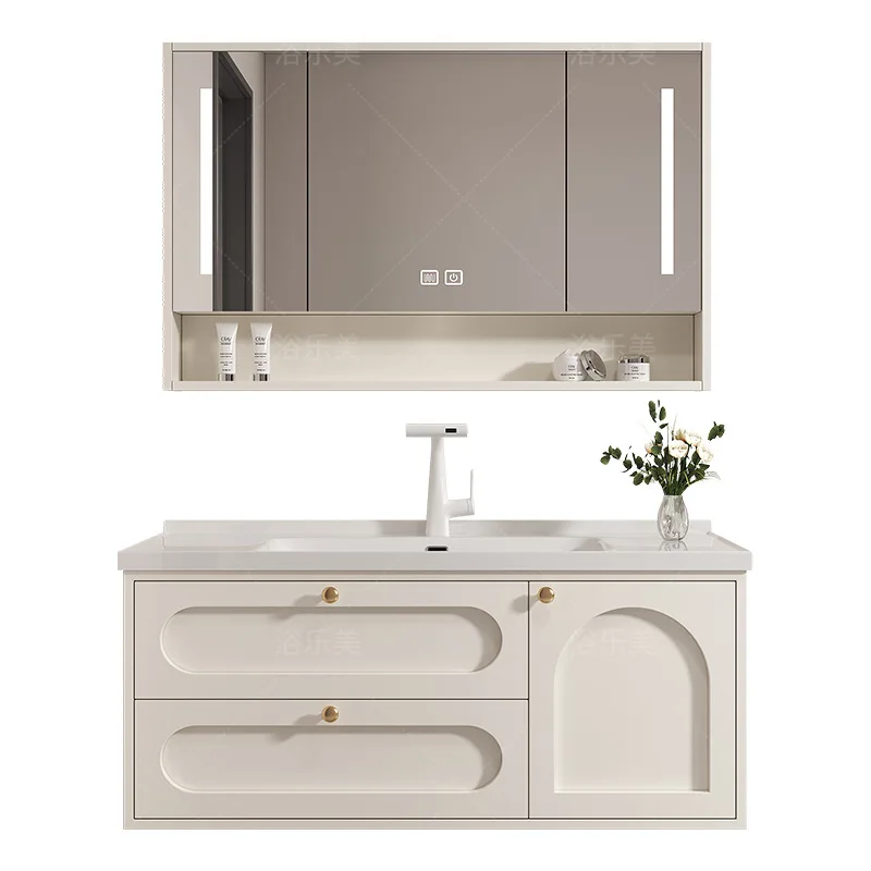 Mueble de baño de viento crema, combinación de lavabo integrado de cerámica, lavabo