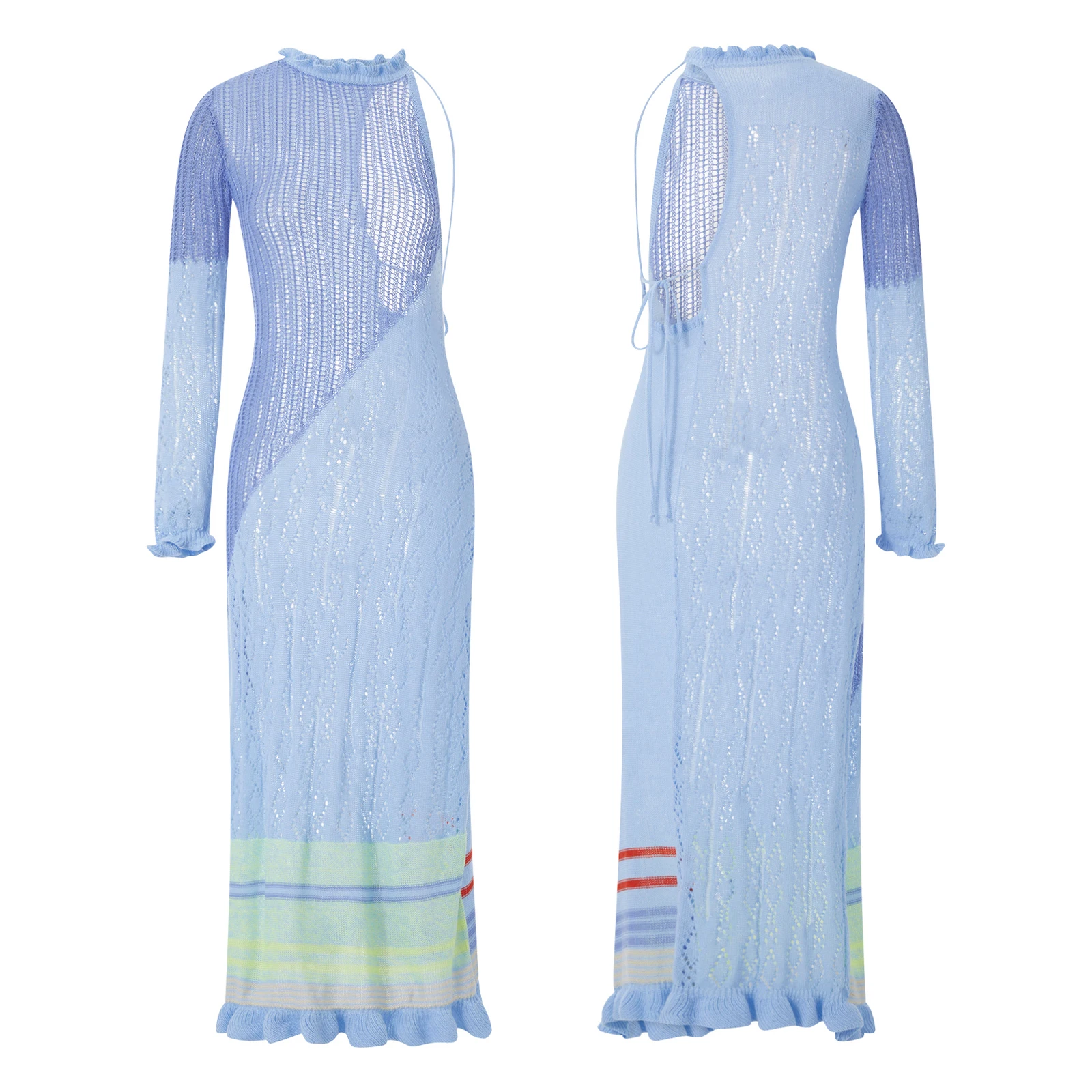 فستان طويل للشاطئ منسوج بفتحات متباينة ملونة 2023 صيفي شفاف بكتف واحد وأكمام طويلة وربطة عنق فستان