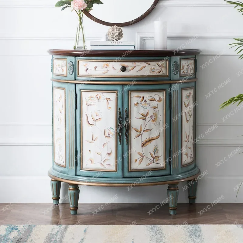 solid wood retro semicircular entrance cabinet painted light luxury living room decorative cabinet